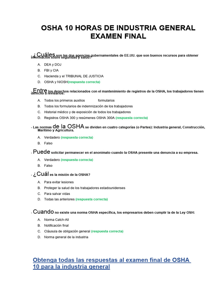 Respuestas Examen Final OSHA 10 Español | PDF | Administración de Seguridad y Salud Ocupacional