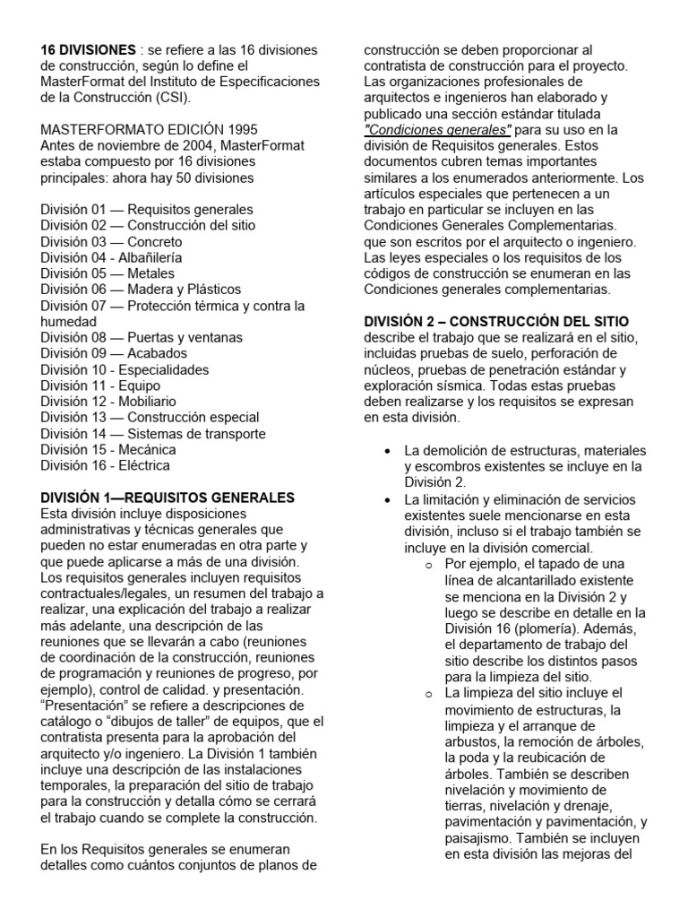 16 Divisiones de Construcción según MasterFormat | PDF | Albañilería ...