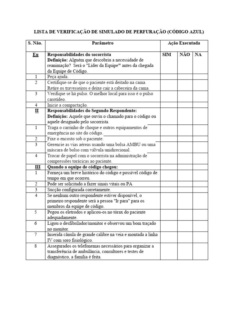 Checklist de Simulado Código Azul | PDF | Reanimação cardiopulmonar
