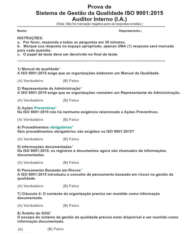 Prova de Auditor Interno ISO 9001:2015 | PDF | Auditoria interna ...
