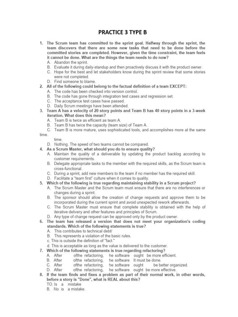 Scrum Master Exam Practice Questions | PDF | Scrum (Software ...