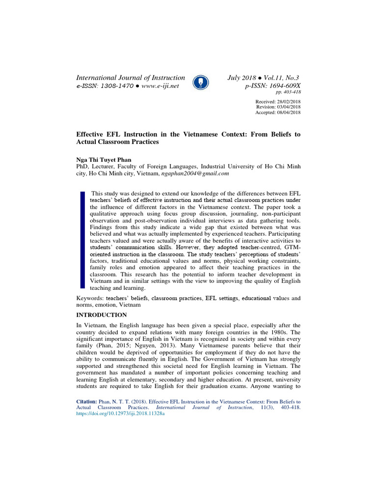 Effective EFL Instruction in The Vietnamese Context From Beliefs To ...
