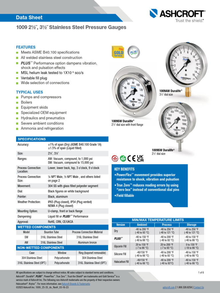 Datasheet 1009 Stainless Steel Pressure Gauge 25 35 Download Free PDF