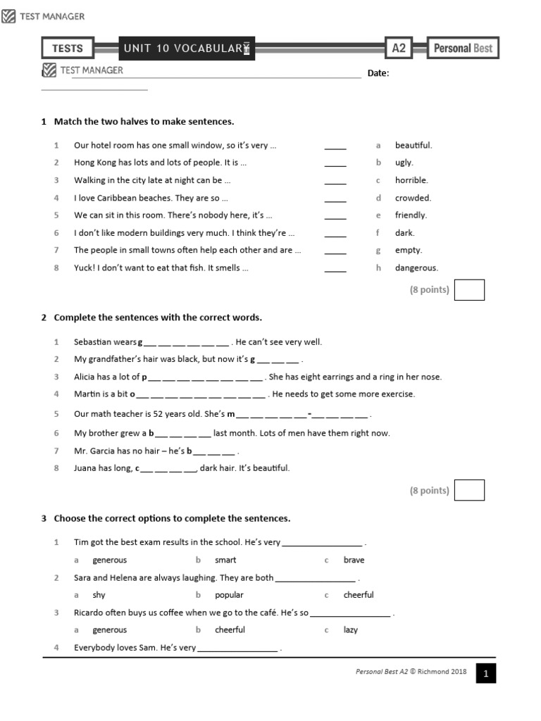 Personal Best A2 Unit 10 Vocabulary Test | PDF