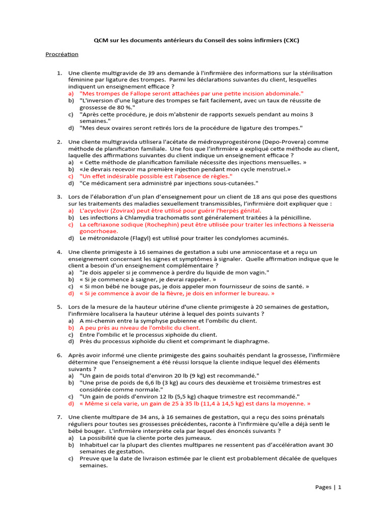 QCM Soins Infirmiers et Procréation | PDF | Accouchement | Grossesse