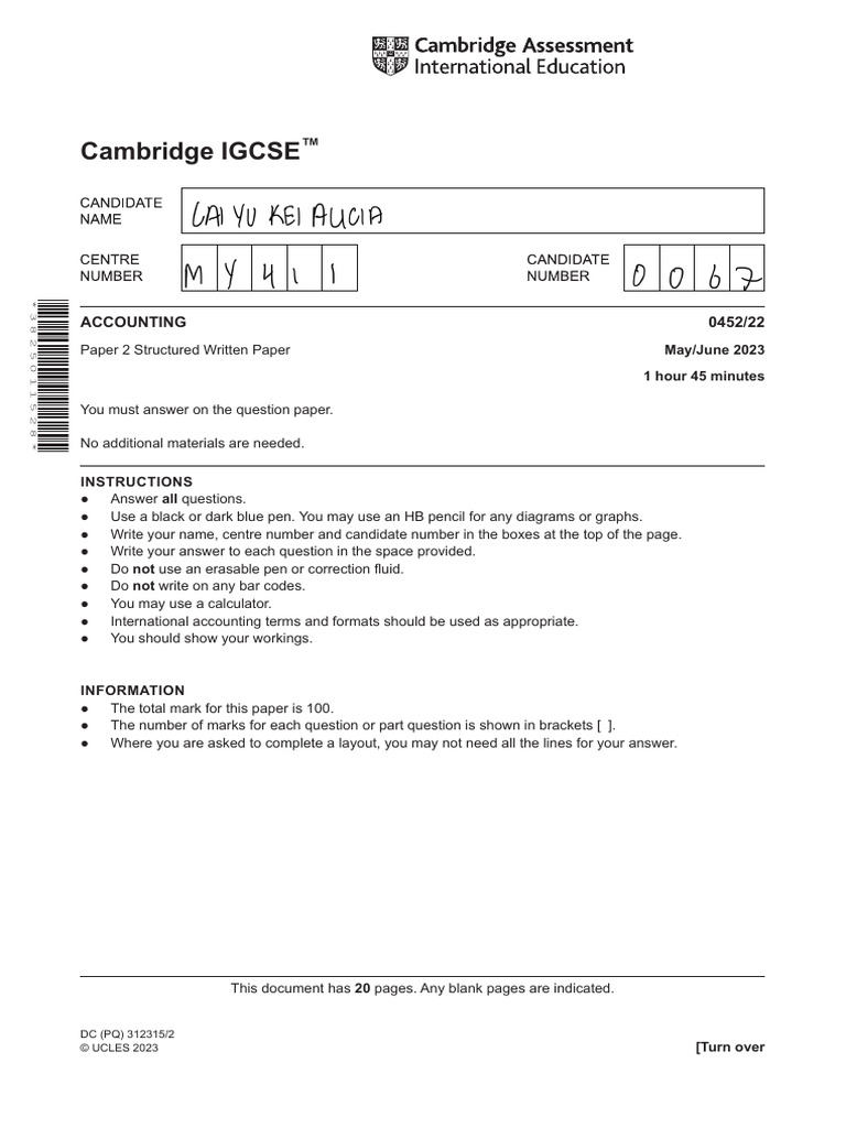 Cambridge IGCSE: ACCOUNTING 0452/22 | PDF | Debits And Credits | Interest