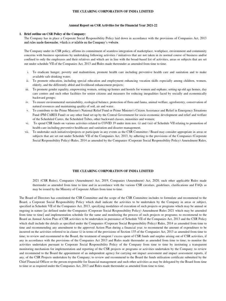 Annual Report On CSR Activities 2021-22 | PDF | Corporate Social ...