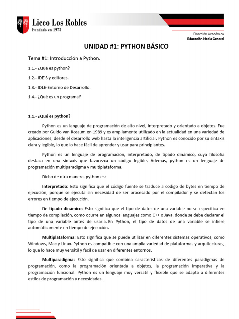 Tema #1. Introducción Al Python. | PDF | Lenguaje de programación ...