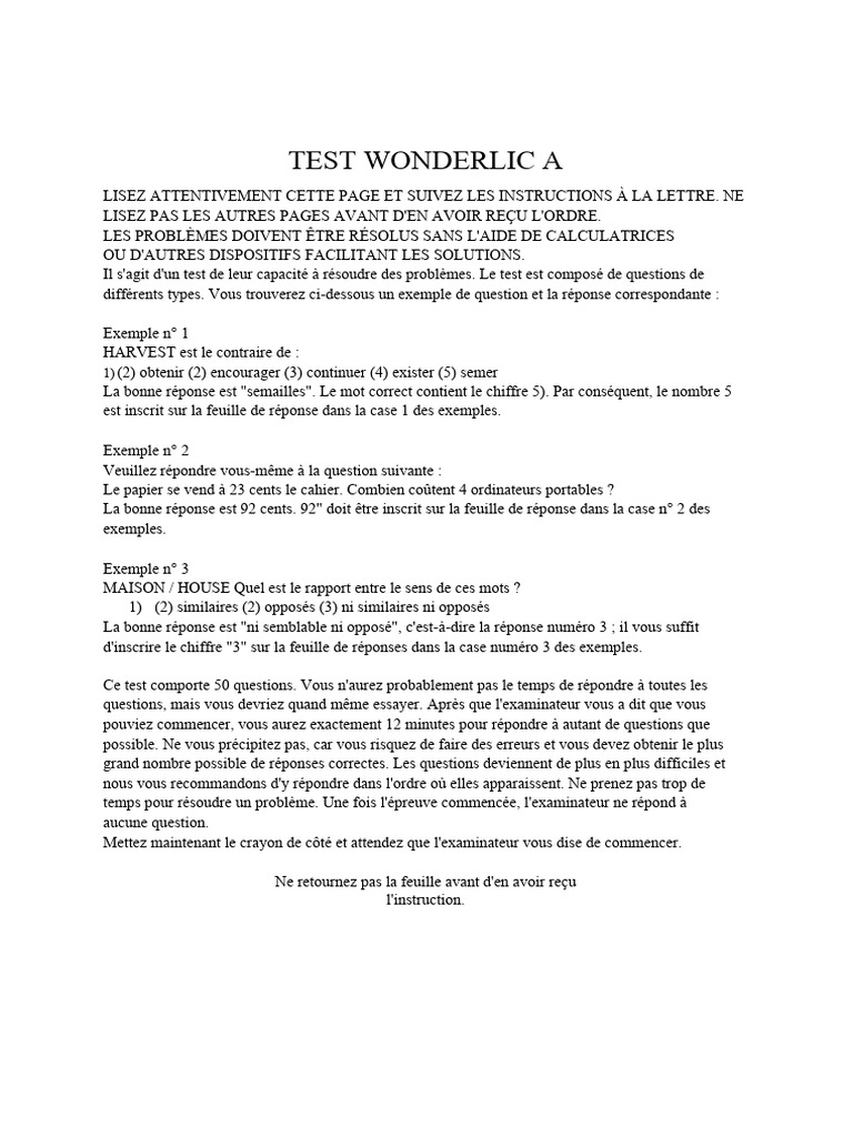 Test Wonderlic : Instructions et Exemples | PDF | Arts du langage et ...