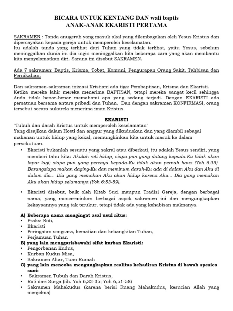 Bicara Untuk Wali Baptis Komuni Pertama 2021 | PDF