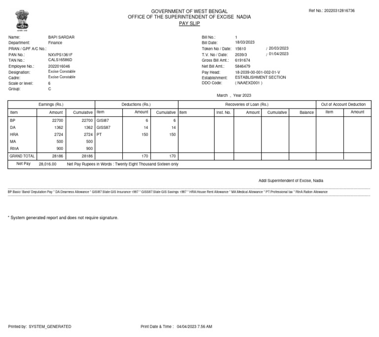 Office of The Superintendent of Excise Nadia Pay Slip Government of
