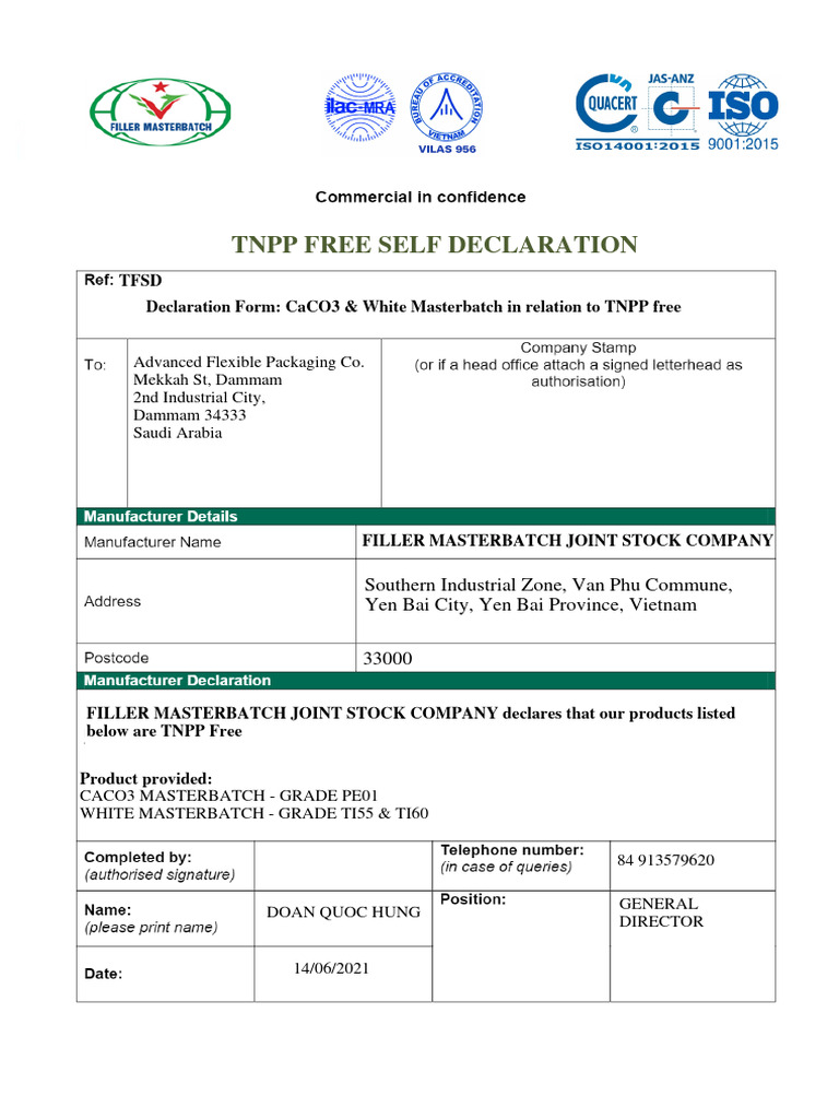 TNPP Free Chemical Declaration Form | PDF