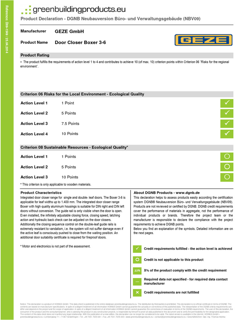 GEZE - Produktdeklaration (LEED, DGNB, EPD) - EN - 758669 | PDF | Databases