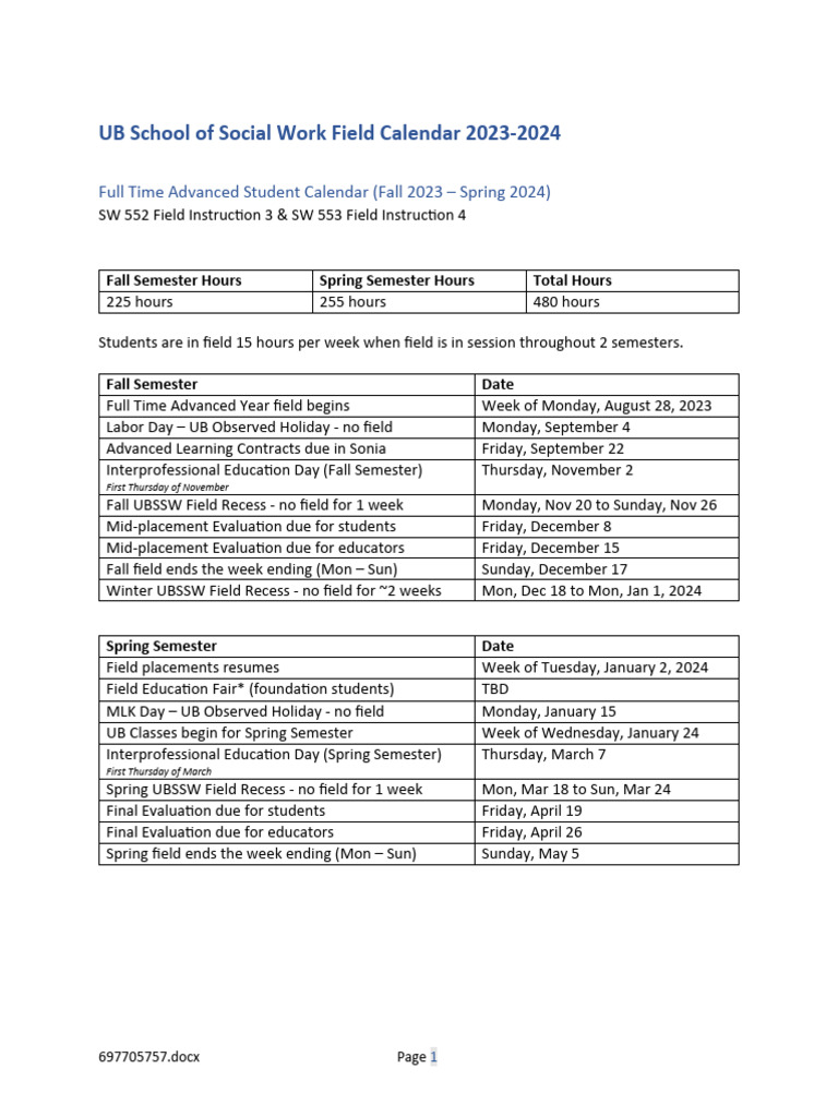 UB School of Social Work Field Calendar 20232024 Advanced Fall Spring