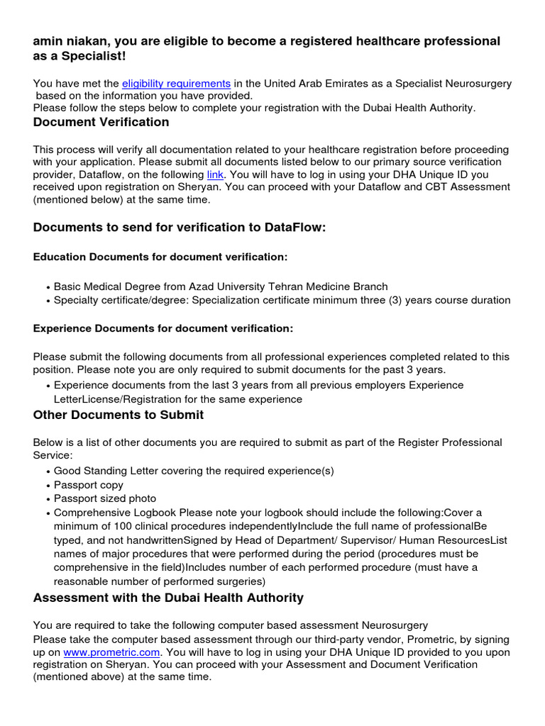 Amin Niakan, You Are Eligible To A Registered Healthcare Professional As A Specialist