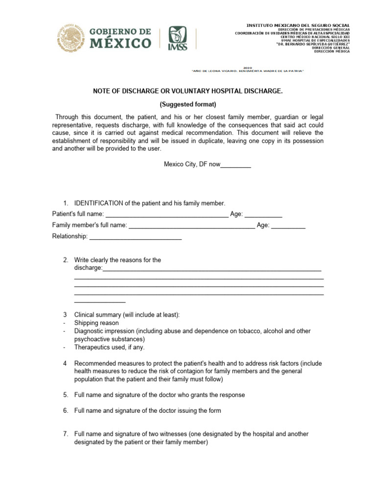 Voluntary Hospital Discharge or Discharge Note | PDF | Infection | Patient
