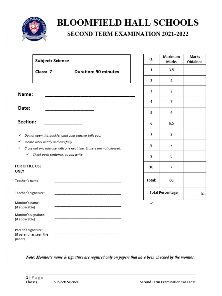 Grade 7 Science Exam Paper 2021-22 | PDF | Oxygen | Combustion
