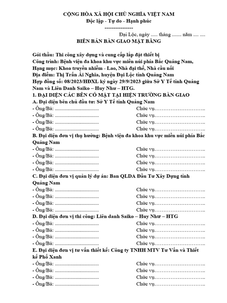 THÔNG BÁO CHÍNH THỨC VỀ VIỆC BÀN GIAO MẶT BẰNG ĐỂ THI CÔNG XÂY DỰNG