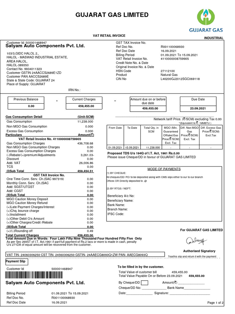 Gujarat Gas Limited: Satyam Auto Components Pvt. LTD | PDF