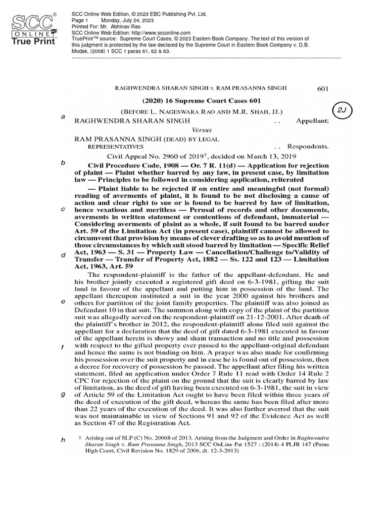 Raghwendra sharan vs ram prasanna 2020 16 scc 601 pdf supreme