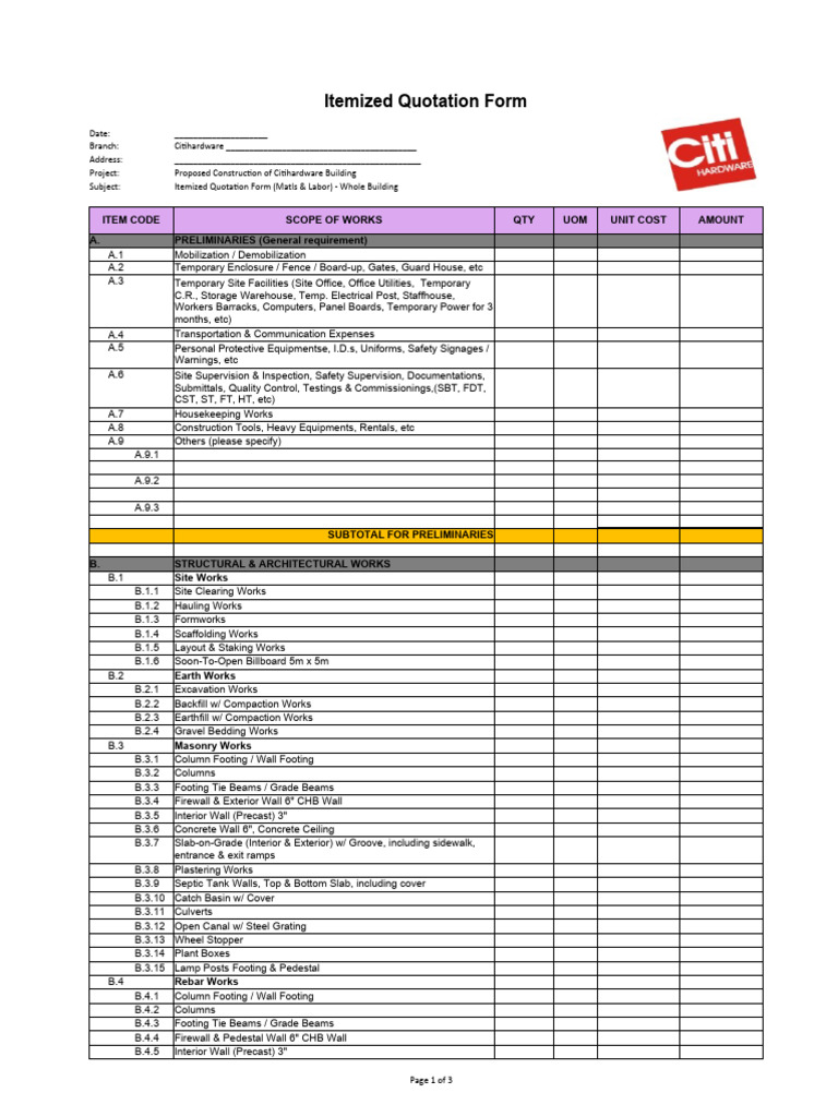 Itemized Quotation Form For Construction of Citihardware Bancasi 10.7. ...