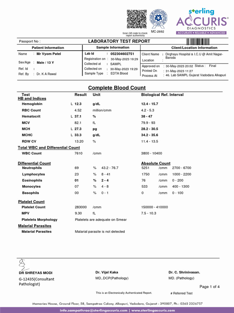 Complete Blood Count: Laboratory Test Report | PDF | Diseases And ...