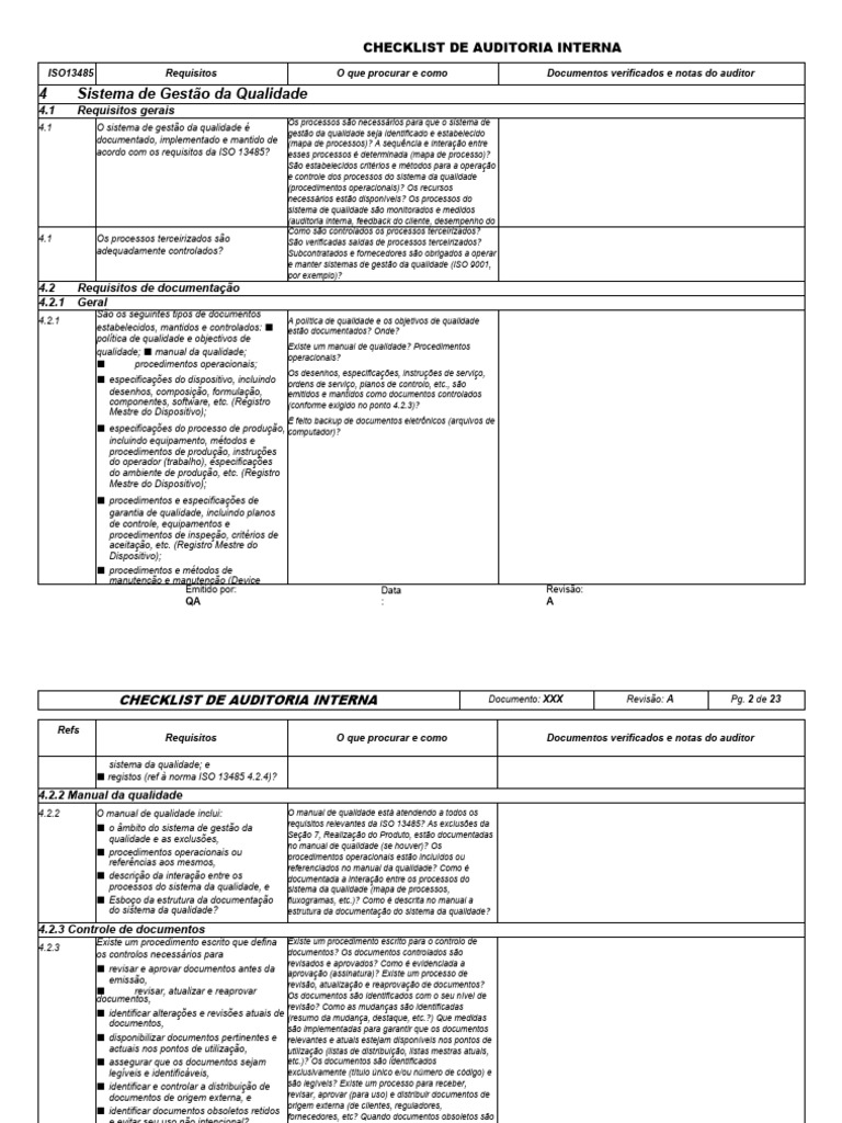 Lista de verificação de auditoria interna ISO 13485 | PDF | Qualidade ...