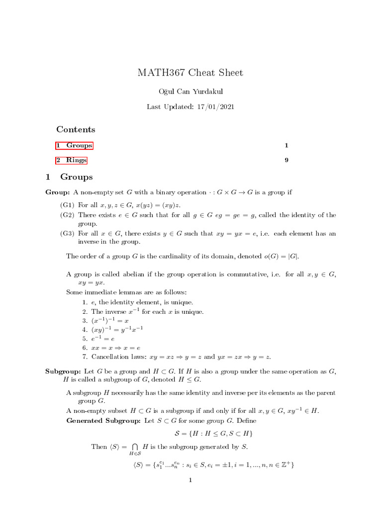 Abstract Algebra Cheat Sheet | PDF | Ring (Mathematics) | Group ...