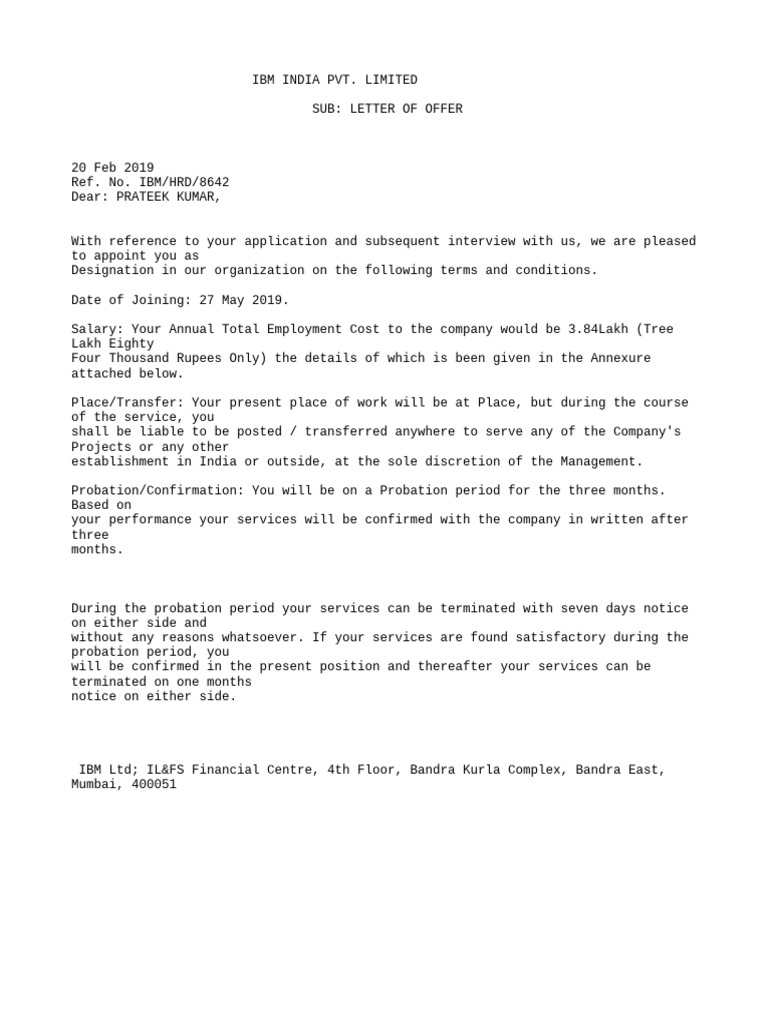 IBM LTD Offer Letter PDF Salary Government