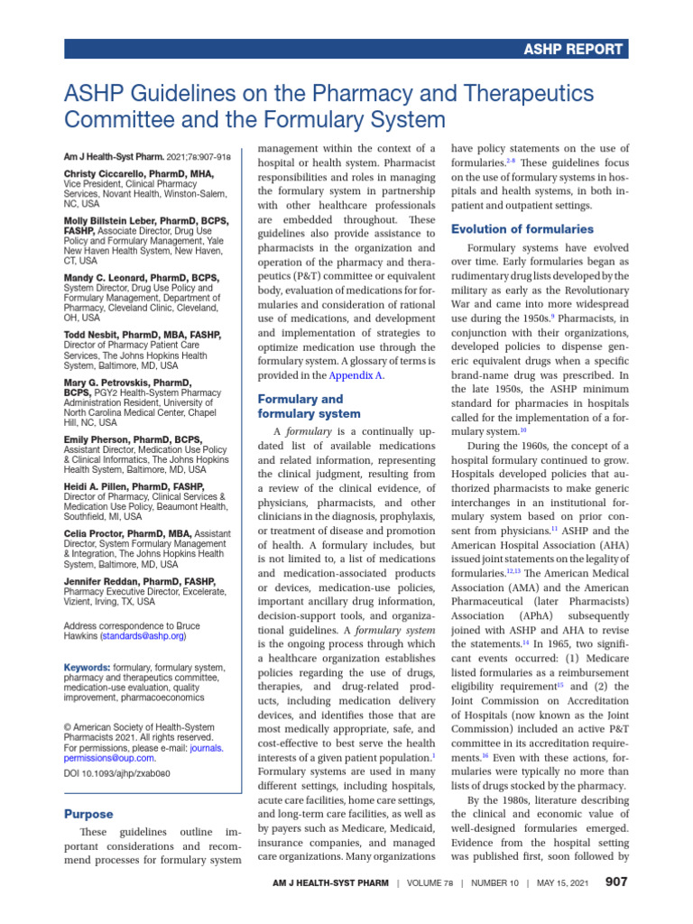 ASHP Guidelines On The Pharmacy and Therapeutics Committee and The