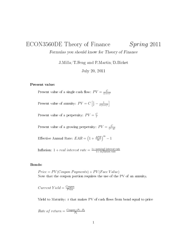 Finance Theory Formulas Guide | PDF