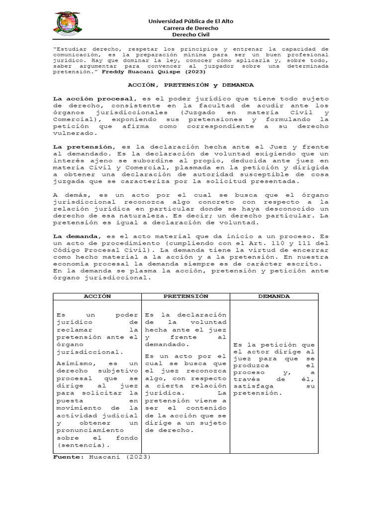 Acción, Pretensión y Demanda en Derecho Civil | PDF | Ley procesal ...