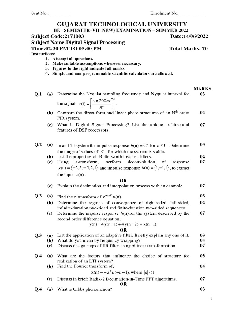 GTU DSP Previous Papers | PDF