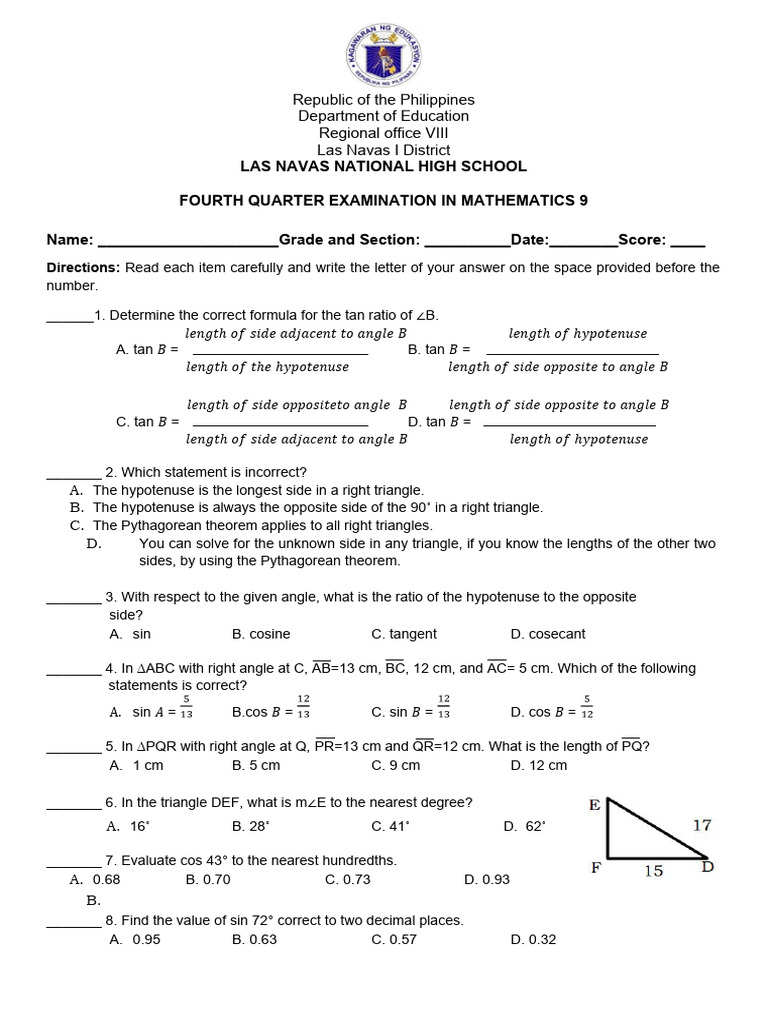 4th Quarter Exam in Mathematics 9 Final 2022-2023 | PDF | Trigonometric ...
