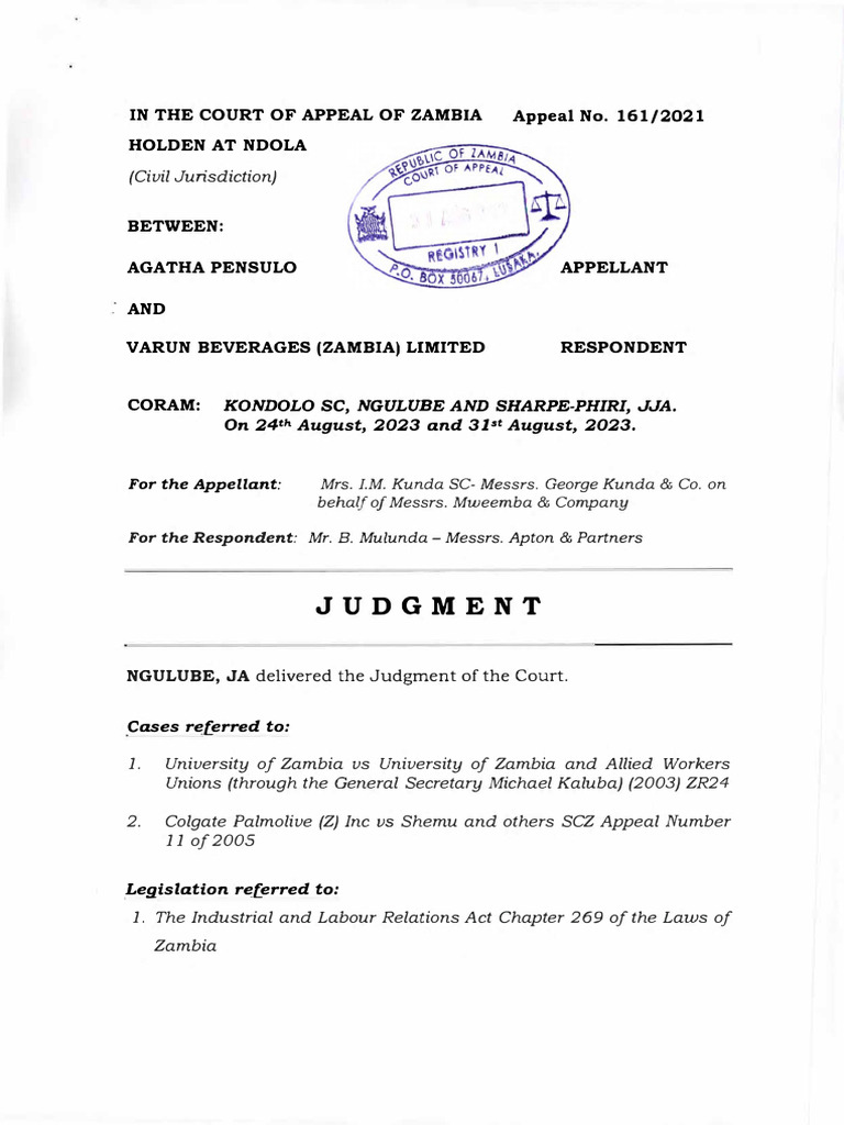 Pensulo V Varun Beverages (Zambia) LTD (Appeal No 1612021) 2023 ZMCA