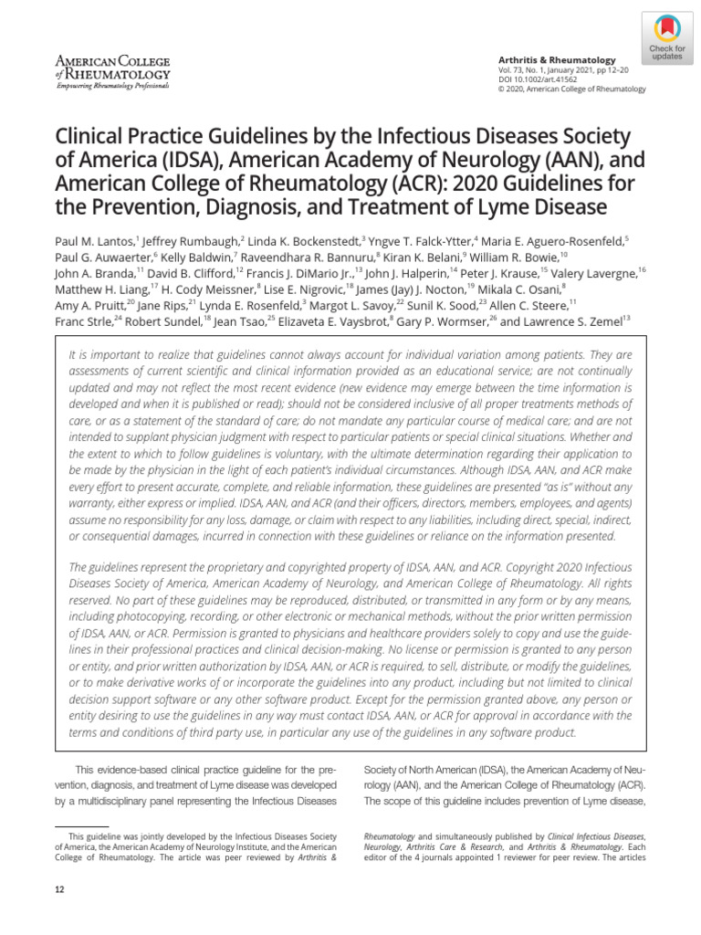 2020 IDSA AAN ACR Guidelines Prevention Diagnosis Treatment Lyme