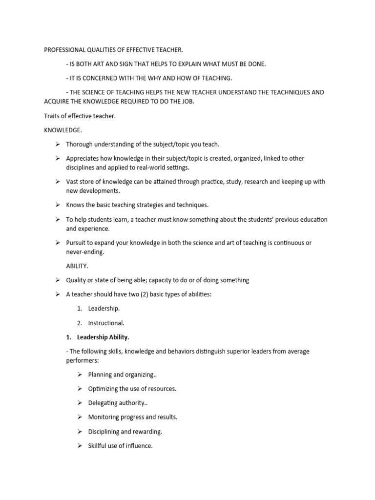 Professional qualities of effective teacher pdf leadership knowledge
