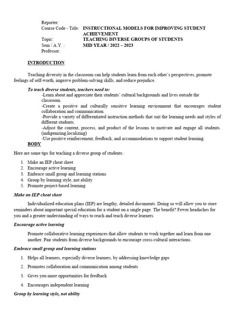 Instructional Models For Improving Student Achievement PDF