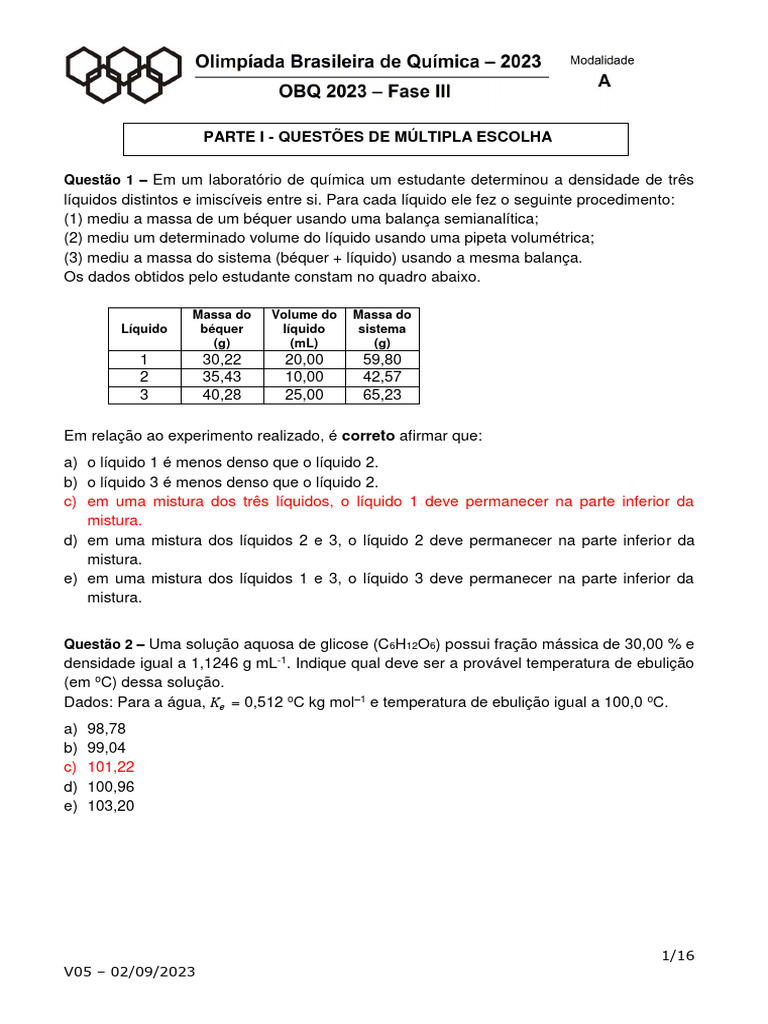 Exame - OBQ - 2023 - Fase - III - Modalidade A | PDF | Reações químicas ...