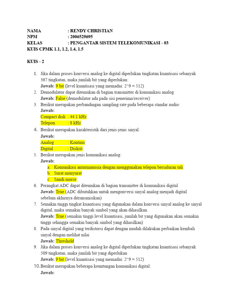 Kuis Telekomunikasi Rendy Christian | PDF | Komputer | Teknologi & Rekayasa