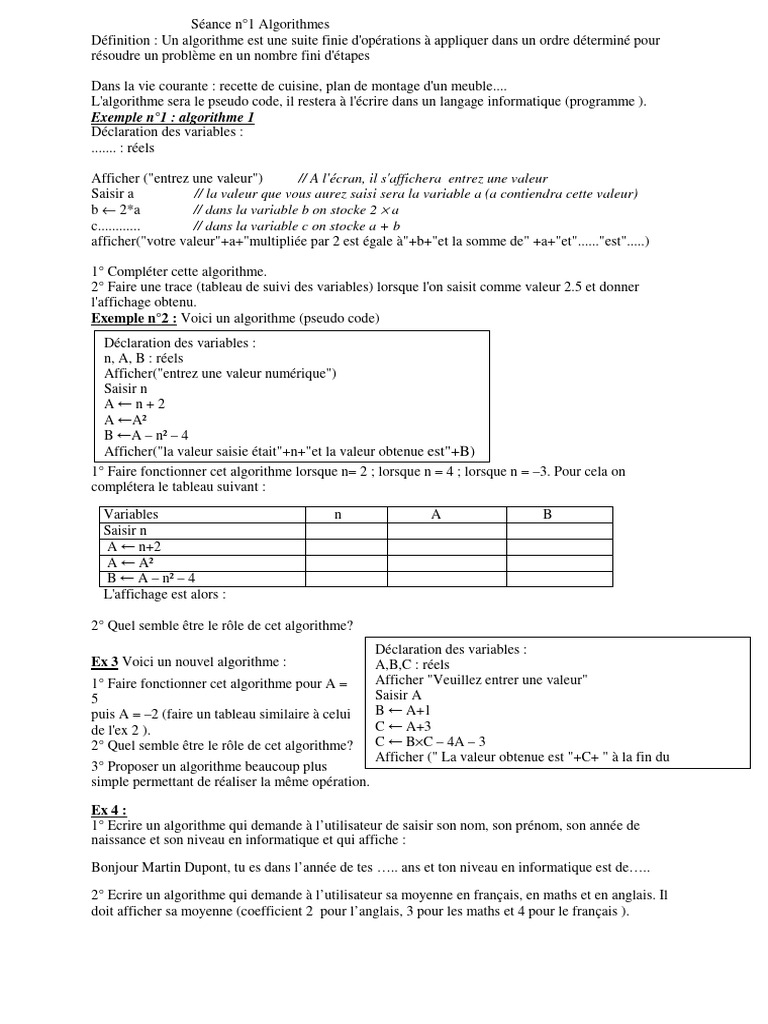 Algorithmes pour Débutants en Informatique | PDF | Algorithmes ...