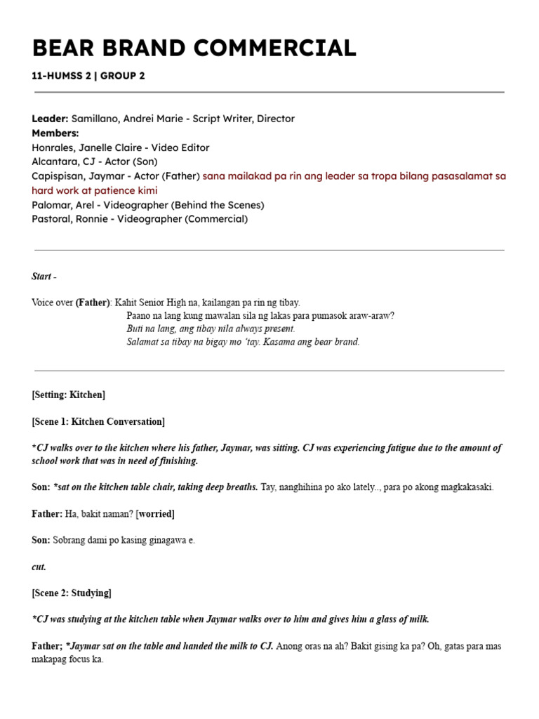 Bear Brand Commercial Script Tagalog | PDF