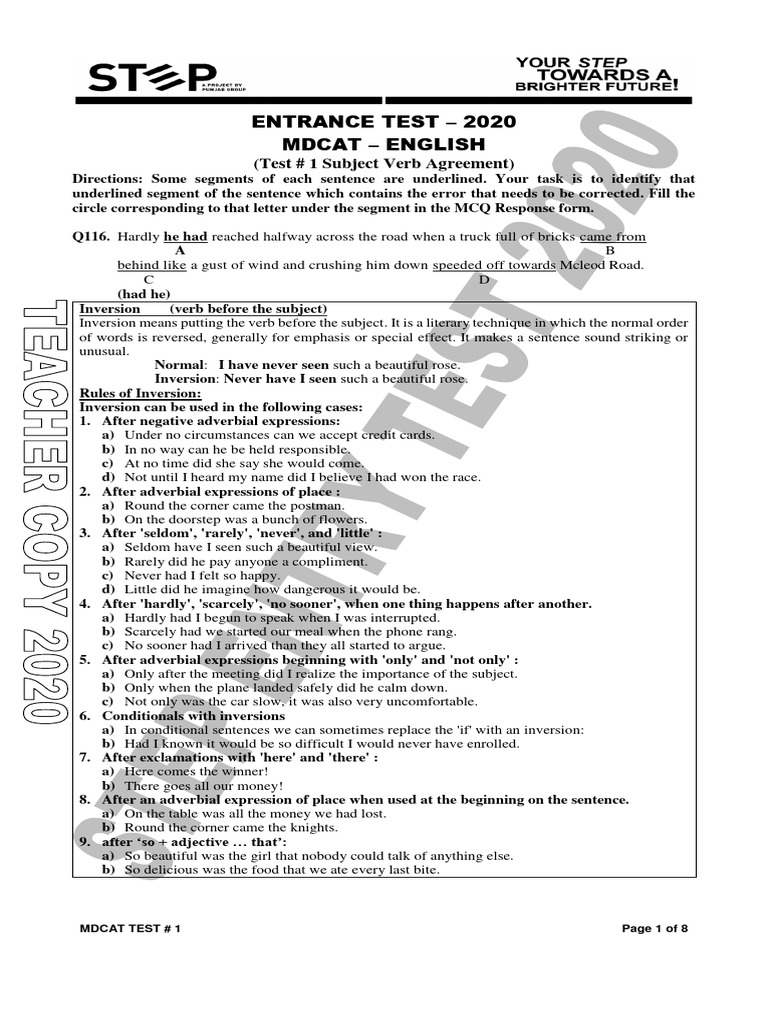 MDCAT Subject-Verb Agreement Test | PDF