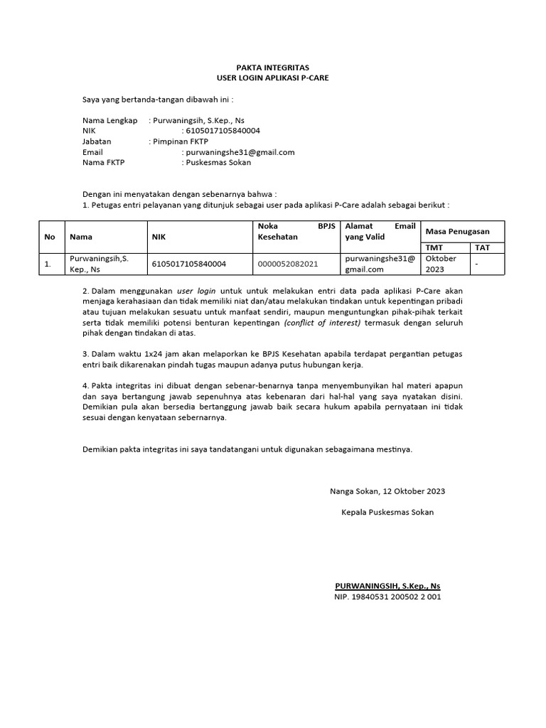 Pakta integritas user pcare pdf