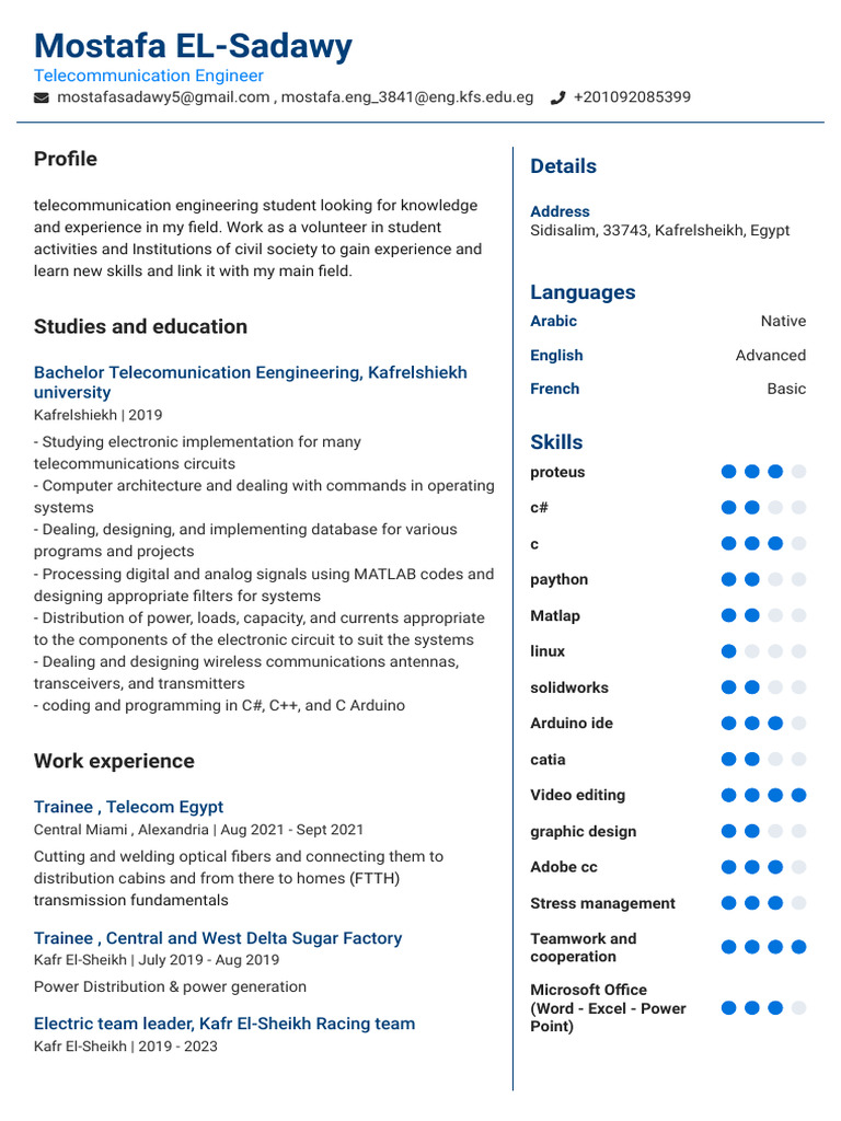 Telecom Engineering Student Profile | PDF | Telecommunications ...