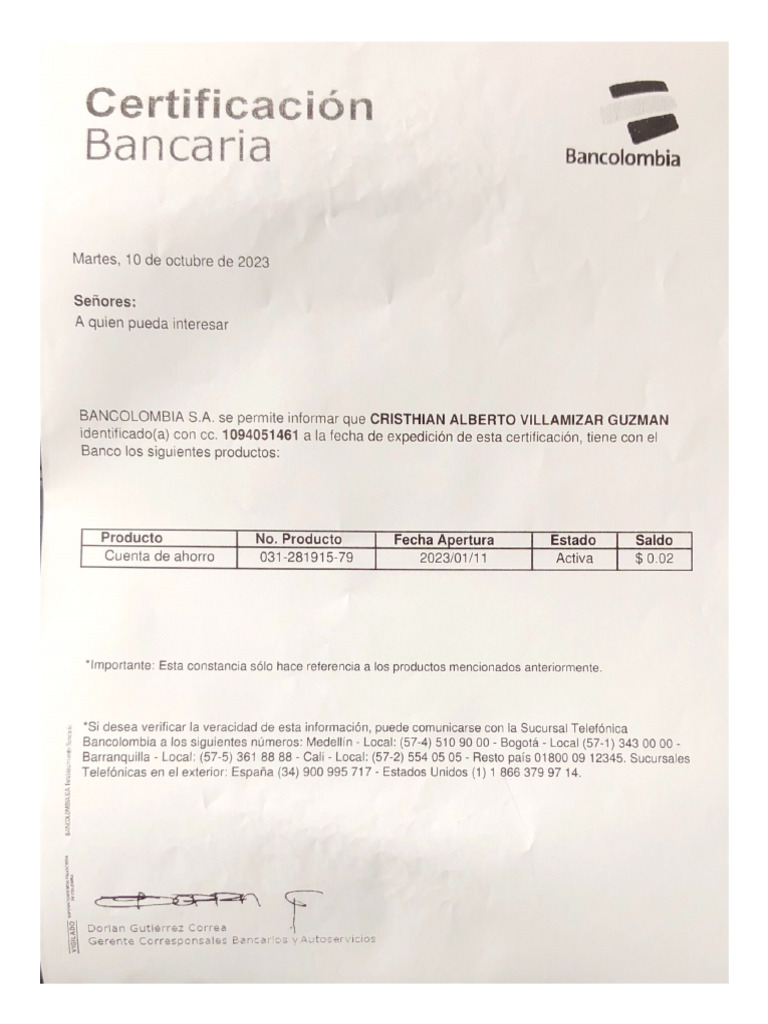 Certificado Bancario Pdf