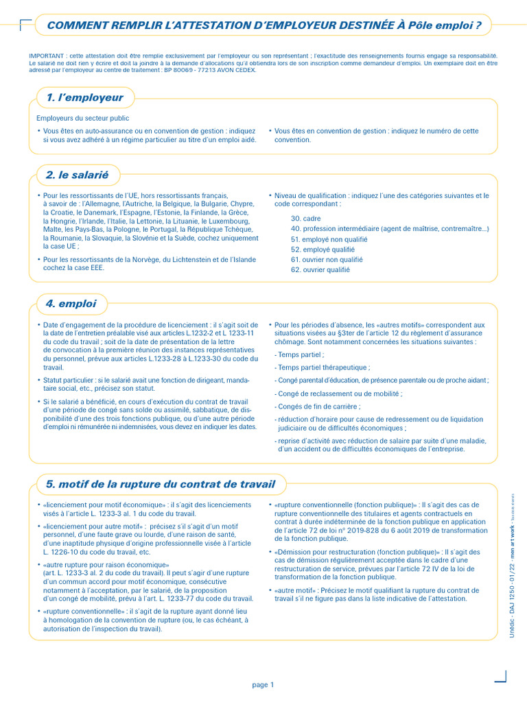 Guide: Remplir l'Attestation Employeur Pôle emploi | PDF