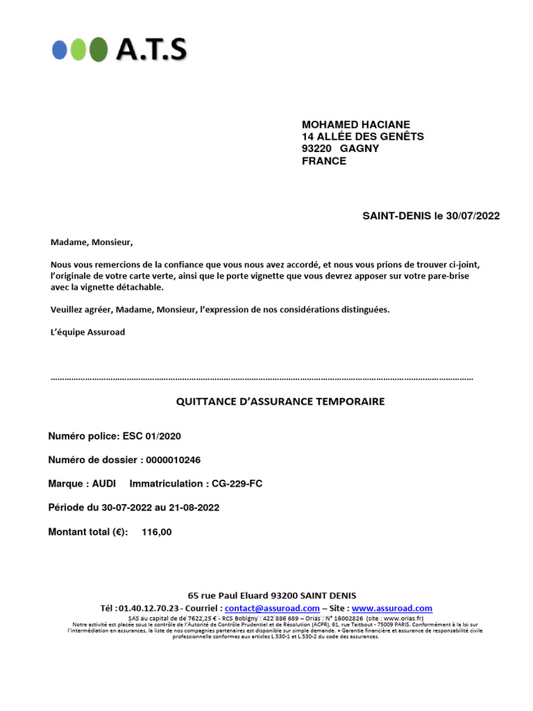 Quittance d'Assurance Auto 2022 | PDF