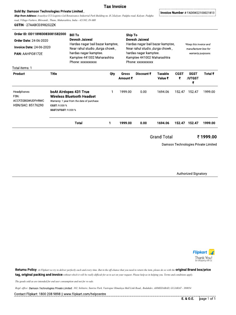 Airdopes Invoice | PDF
