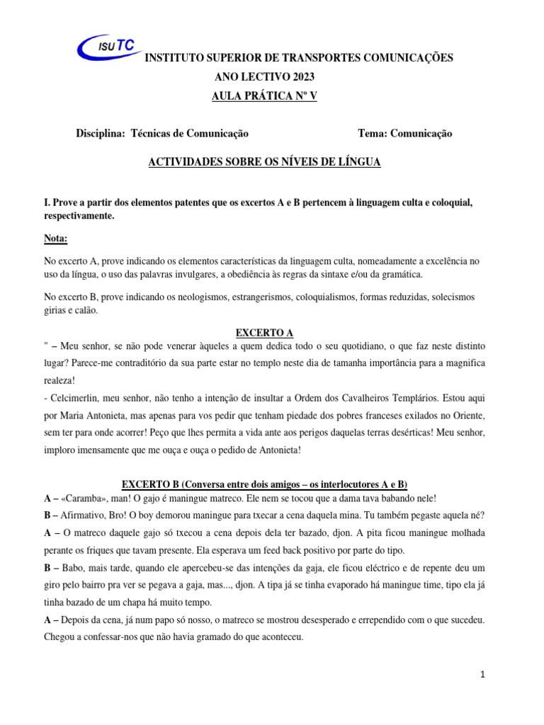 Atividades sobre Níveis de Linguagem | PDF | Artes Linguísticas e ...